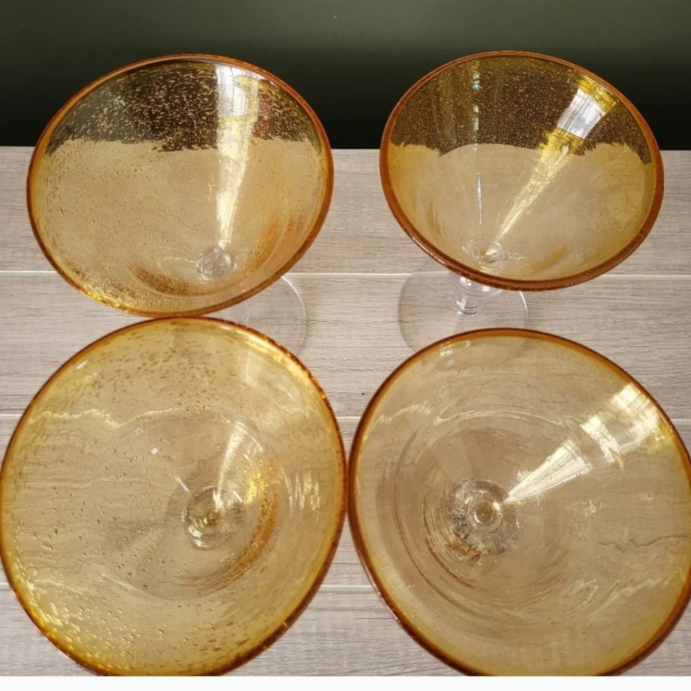 Pier 1 Amber Bubble‎ Blown Martini Glasses Set of 4